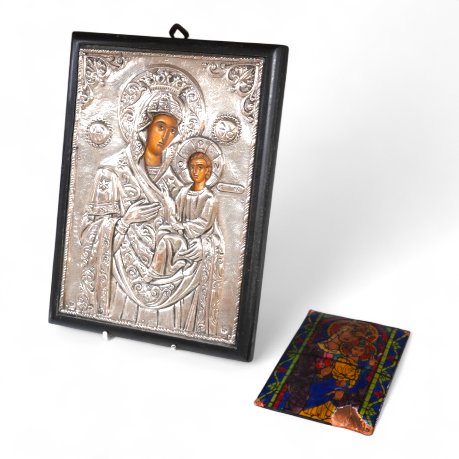 A Greek silver Icon Madonna and child, the oklad stamped silver 950, and a smaller similar enamel panel on copper, icon 31cm high